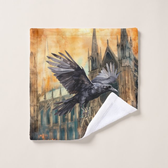 Flying Raven and Medieval Gothic Cathedral Bath Towel Set (Wash Cloth)