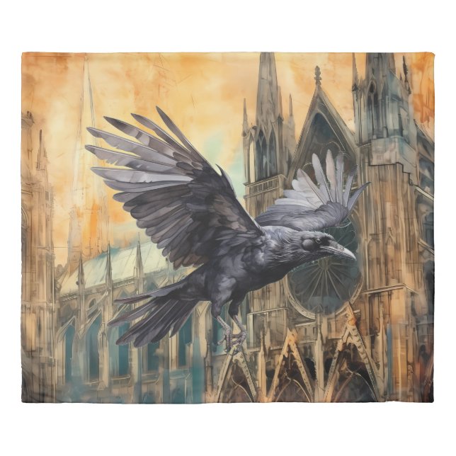 Flying Raven and Medieval Gothic Cathedral Duvet Cover (Front)