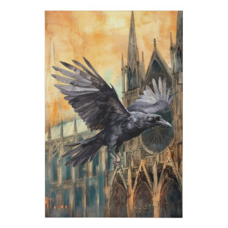 Flying Raven and Medieval Gothic Cathedral Faux Canvas Print