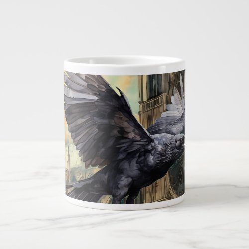 Flying Raven and Medieval Gothic Cathedral Giant Coffee Mug