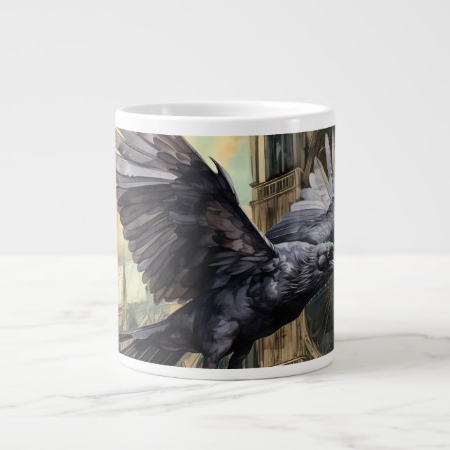 Flying Raven and Medieval Gothic Cathedral Giant Coffee Mug (Front)