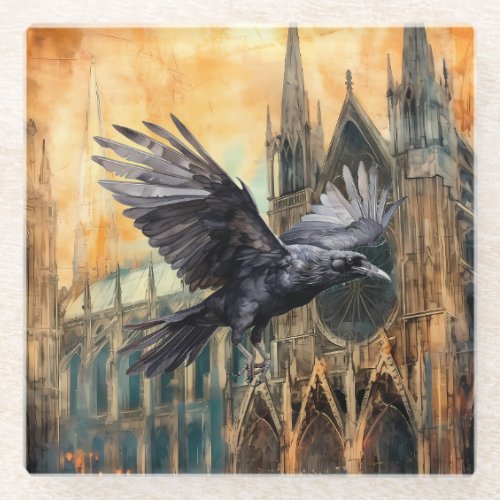 Flying Raven and Medieval Gothic Cathedral Glass Coaster
