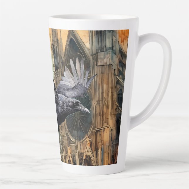 Flying Raven and Medieval Gothic Cathedral Latte Mug (Right)