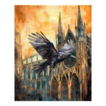 Flying Raven and Medieval Gothic Cathedral