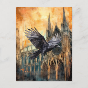 Flying Raven and Medieval Gothic Cathedral Postcard