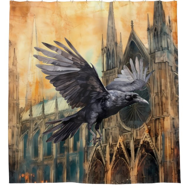 Flying Raven and Medieval Gothic Cathedral Shower Curtain (Front)