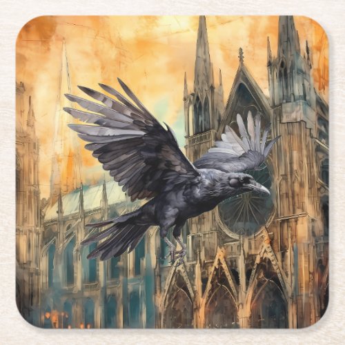 Flying Raven and Medieval Gothic Cathedral Square Paper Coaster