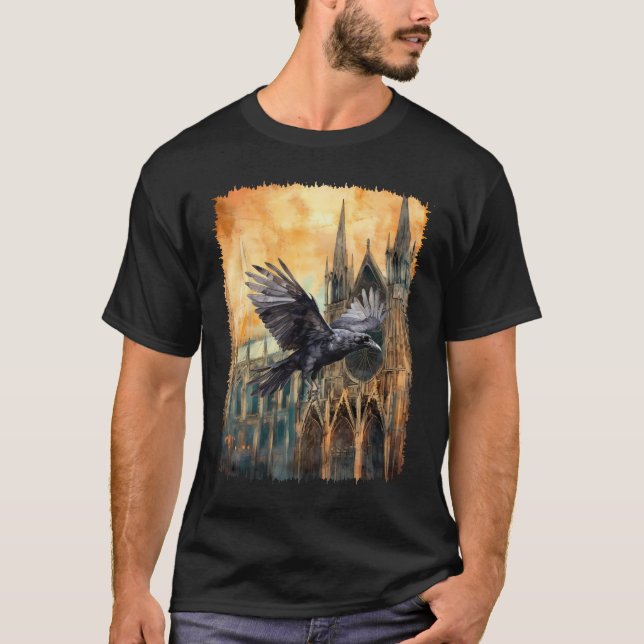 Flying Raven and Medieval Gothic Cathedral T-Shirt (Front)