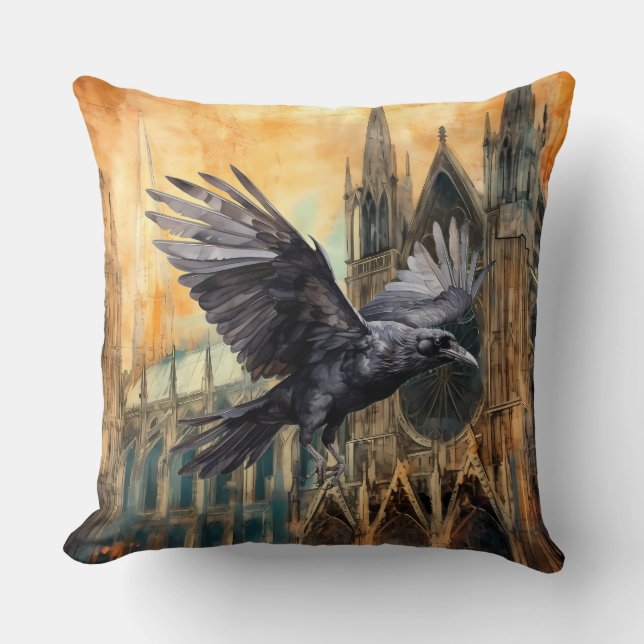 Flying Raven and Medieval Gothic Cathedral Throw Pillow (Front)