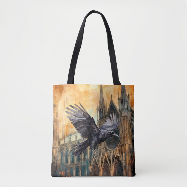 Flying Raven and Medieval Gothic Cathedral Tote Bag (Front)
