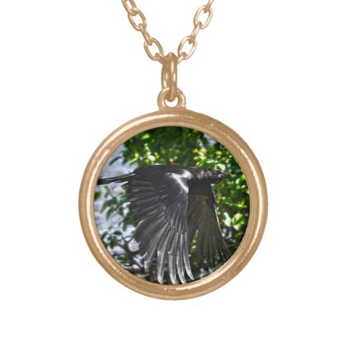 Flying Raven in Sunlight Wildlife Photo Gold Plated Necklace