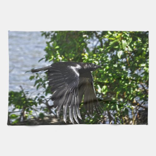 Flying Raven in Sunlight Wildlife Photo Towel