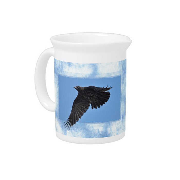 Flying Raven Modern Art in Blue Beverage Pitcher
