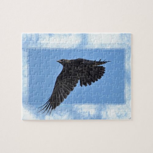 Flying Raven Modern Art in Blue Jigsaw Puzzle