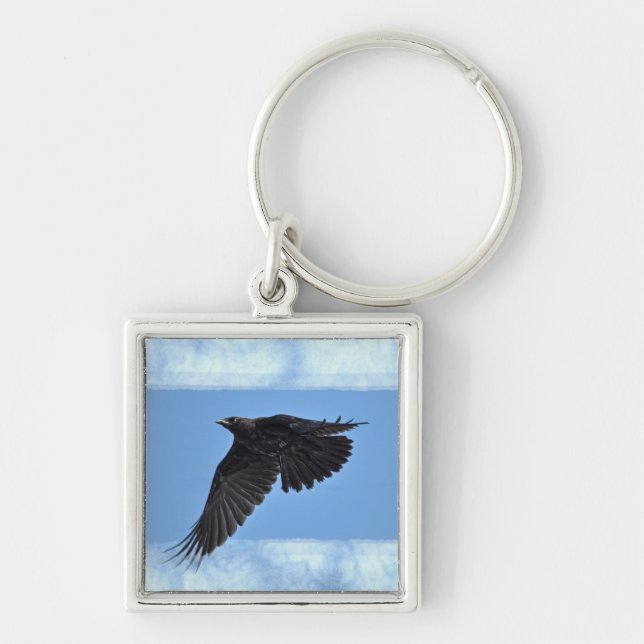Flying Raven Modern Art in Blue Keychain (Front)