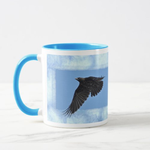 Flying Raven Modern Art in Blue Mug