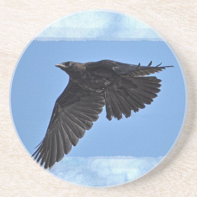Flying Raven Modern Art in Blue Sandstone Coaster (Front)