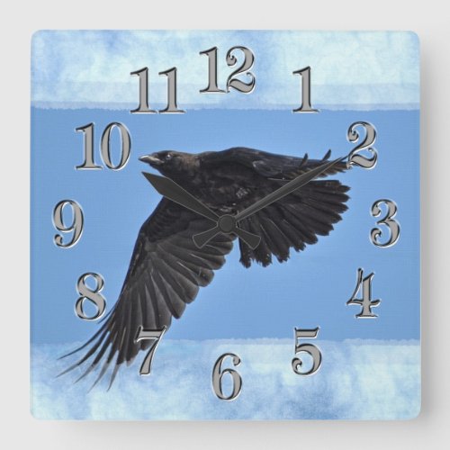 Flying Raven Modern Art in Blue Square Wall Clock