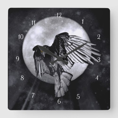 Flying Raven or Crow and Moon Gothic Square Wall Clock