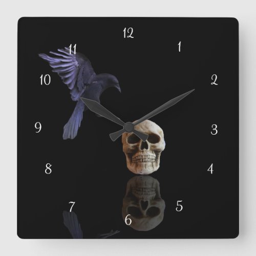 Flying Raven or Crow Land on Skull Gothic Square Wall Clock
