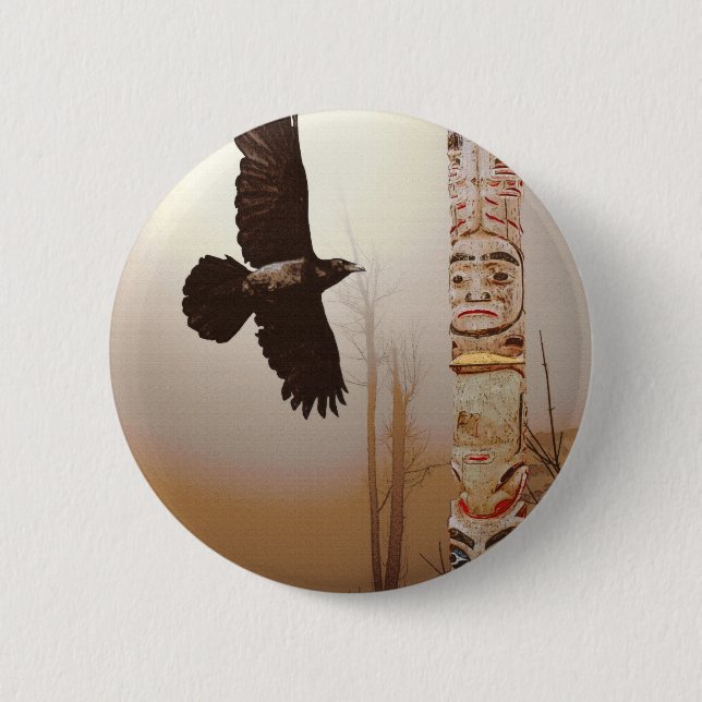 Flying Raven & Totem-Pole Fantasy Art Button (Front)
