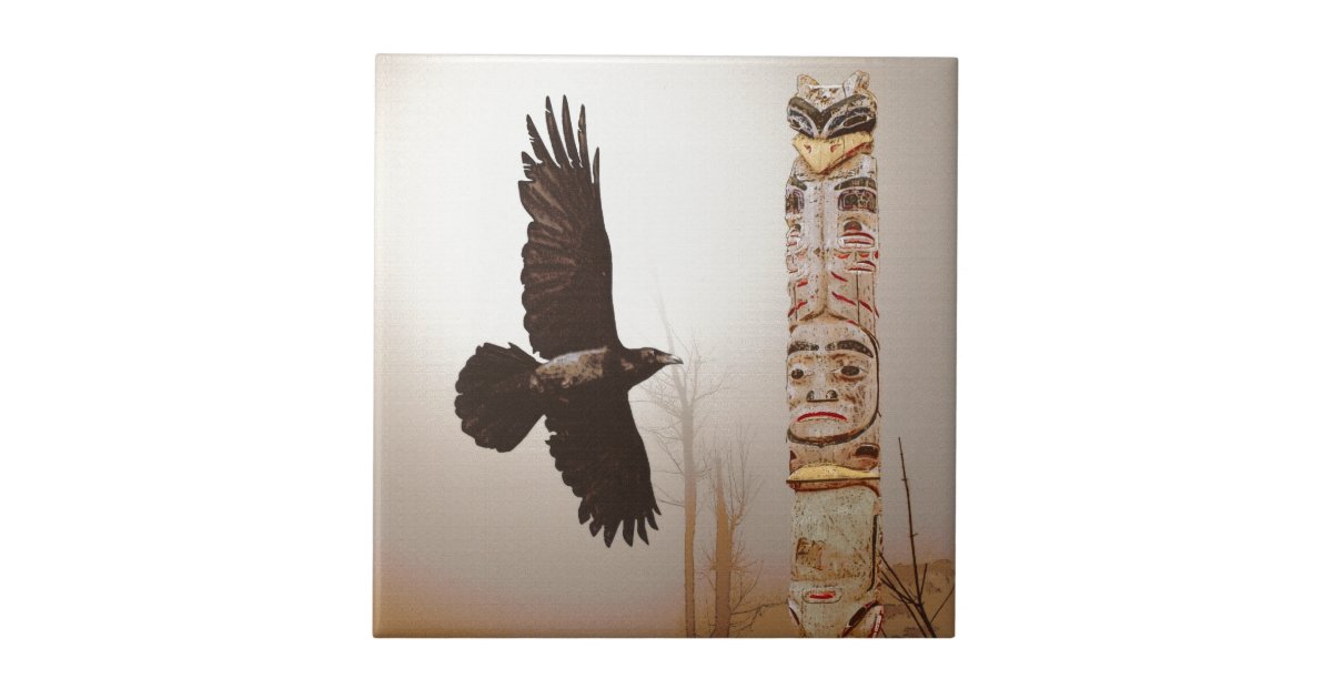 Flying Raven & Totem-Pole Fantasy Art Ceramic Tile | Zazzle
