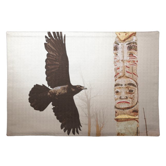 Flying Raven & Totem-Pole Fantasy Art Cloth Placemat (Front)