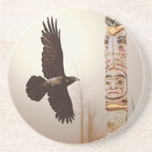 Flying Raven & Totem-Pole Fantasy Art Drink Coaster