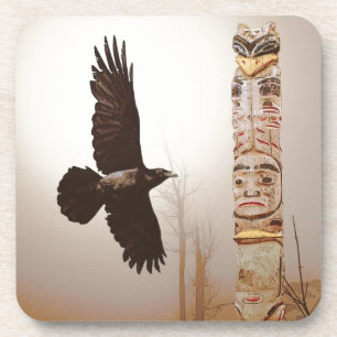 Flying Raven & Totem-Pole Fantasy Art Drink Coaster