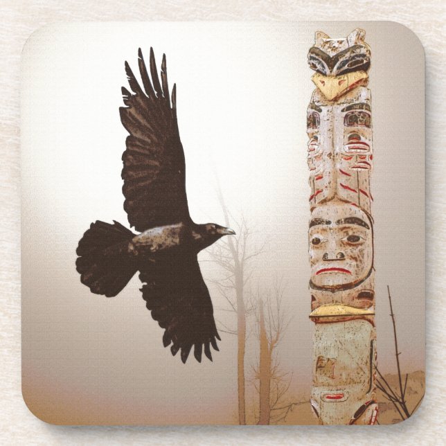Flying Raven & Totem-Pole Fantasy Art Drink Coaster (Front)