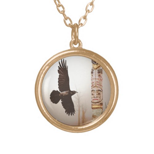 Flying Raven  Totem_Pole Fantasy Art Gold Plated Necklace