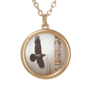 Flying Raven & Totem-Pole Fantasy Art Gold Plated Necklace