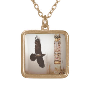 Flying Raven & Totem-Pole Fantasy Art Gold Plated Necklace