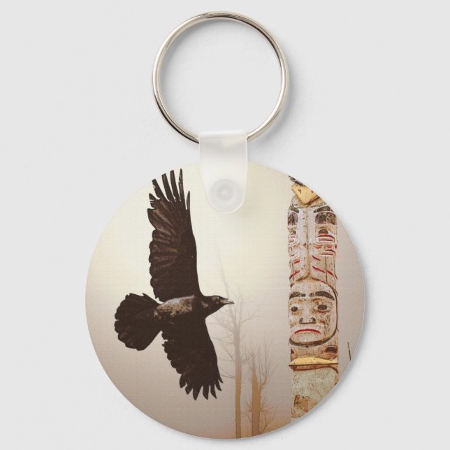 Flying Raven & Totem-Pole Fantasy Art Keychain (Front)