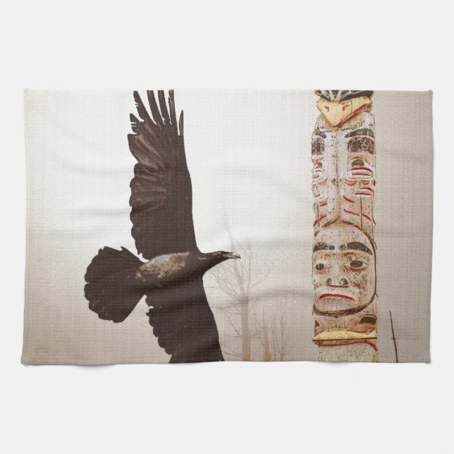 Flying Raven & Totem-Pole Fantasy Art Kitchen Towel (Horizontal)