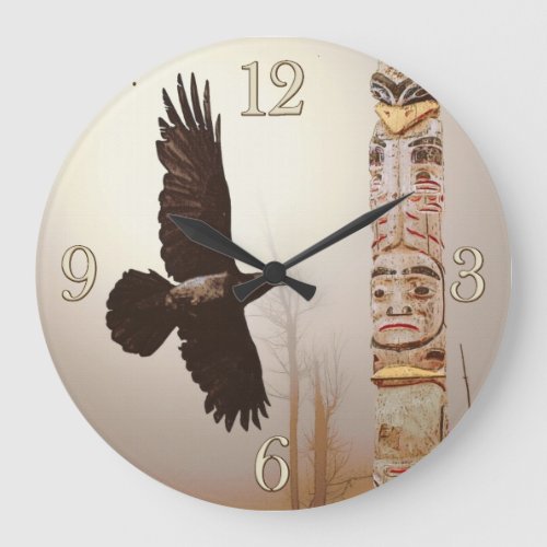 Flying Raven  Totem_Pole Fantasy Art Large Clock