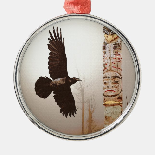 Flying Raven & Totem-Pole Fantasy Art Metal Ornament (Front)
