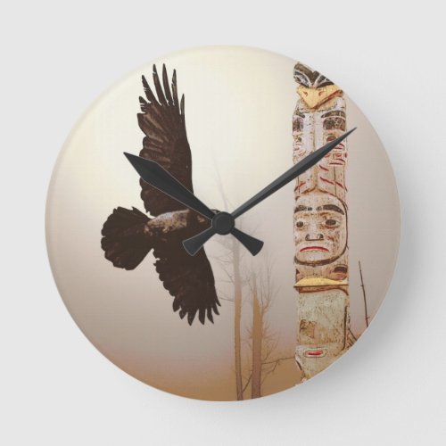 Flying Raven  Totem_Pole Fantasy Art Round Clock