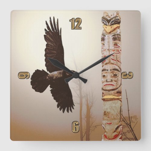 Flying Raven  Totem_Pole Fantasy Art Square Wall Clock