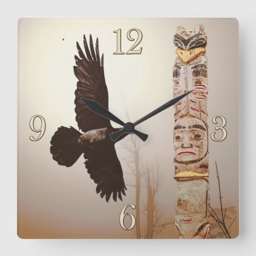Flying Raven  Totem_Pole Fantasy Art Square Wall Clock