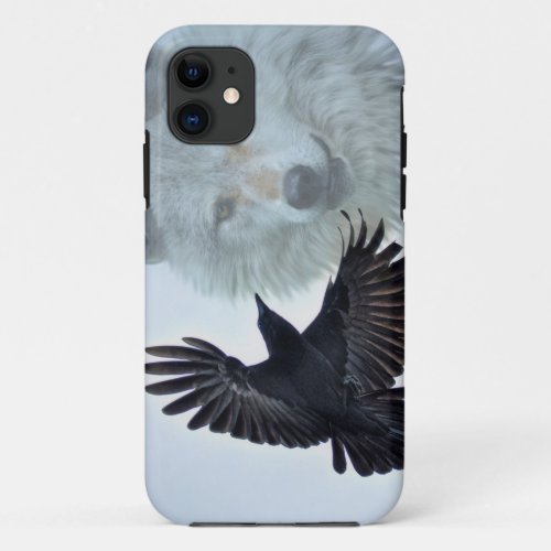 Flying Raven  White Wolf Wildlife Fantasy Art iPhone 11 Case