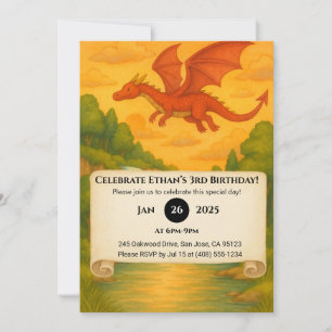 Flying Red Dragon Over Enchanted Forest Birthday Invitation