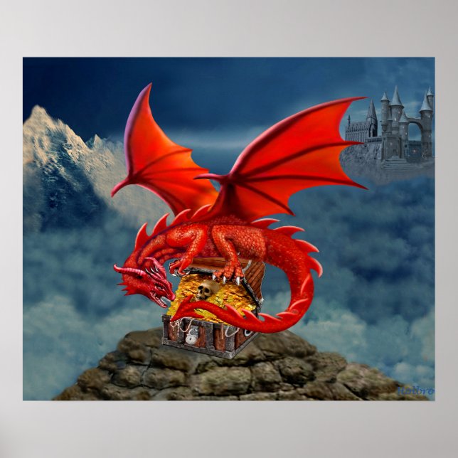 Flying Red Dragon's Treasure Chest Poster (Front)