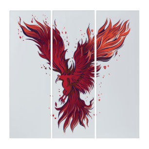 Flying Red Phoenix Bird Graphic Triptych