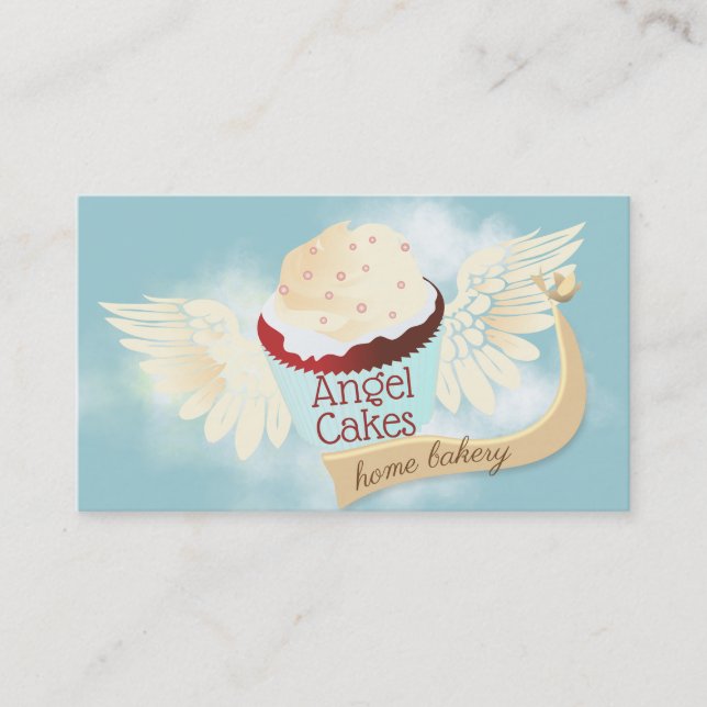 flying red velvet cupcake angel bakery baking business card (Front)