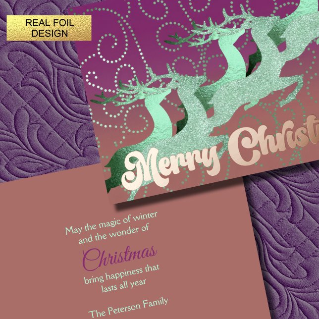 Flying Reindeer Mint Purple Clay Foil Holiday Card (Creator Uploaded)