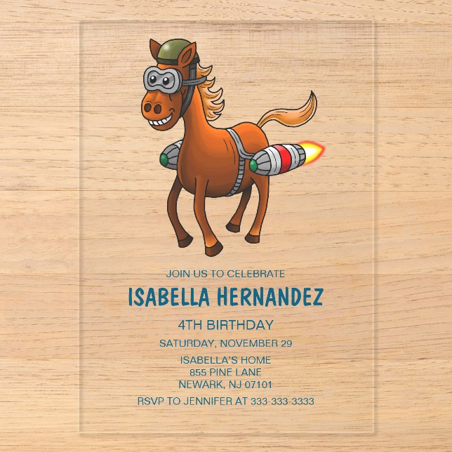 Flying Rocket Pony Acrylic Invitations (Front)