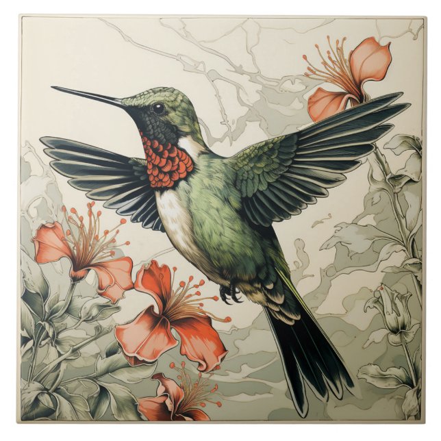 Flying Ruby-Throated Hummingbird Ceramic Tile (Front)