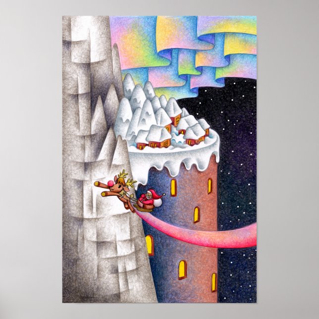 Flying Santa and a snowy country. Poster (Front)