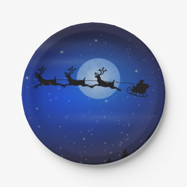 Flying Santa and his reindeers Paper Plates (Front)